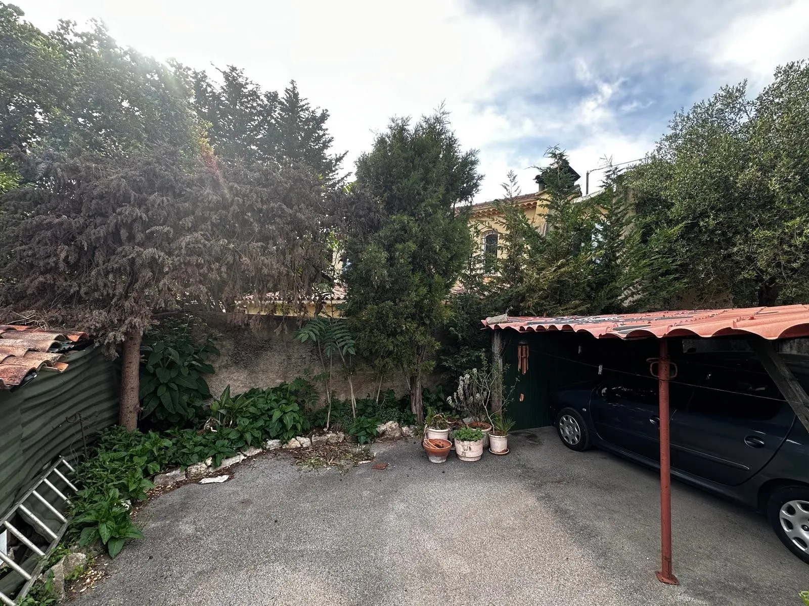 Cour avec carport et bordures envahies de végétation, avant travaux